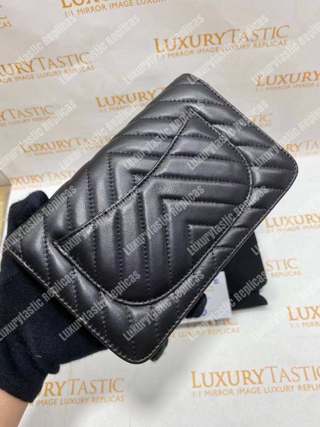 Ch*el wallet on chain – woc chevron lambskin black gold-toned