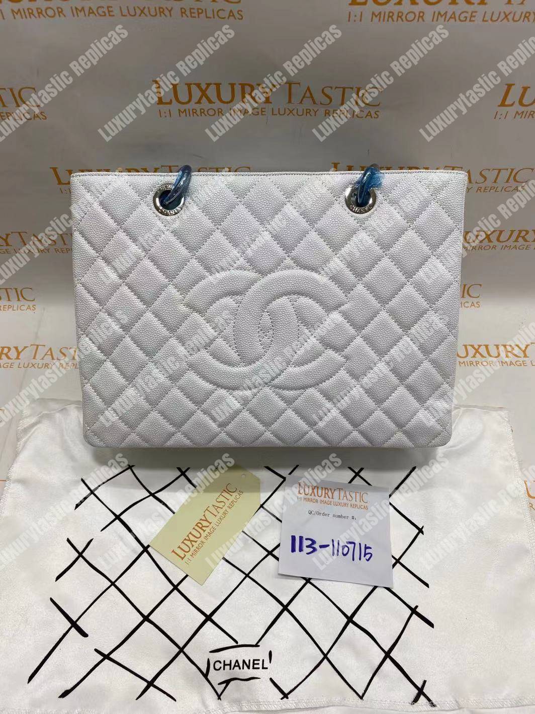 Ch*el large shopping tote silver tone white