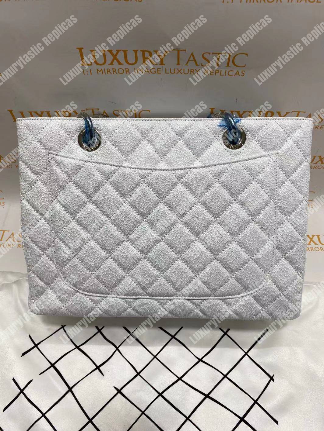 Ch*el large shopping tote silver tone white