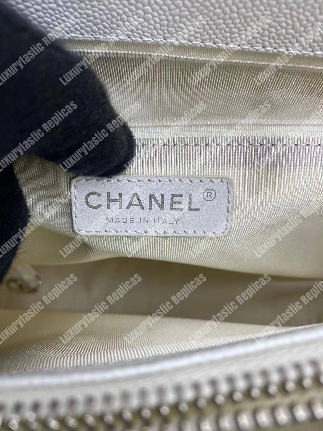 Ch*el large shopping tote silver tone white