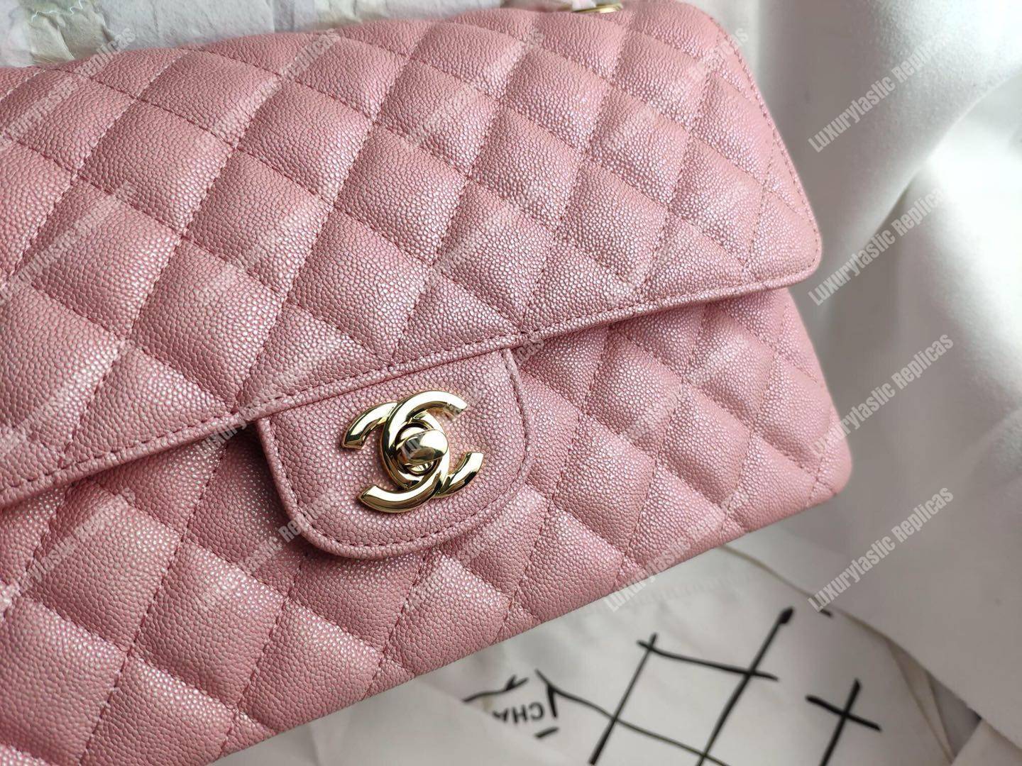 Ch*el caviar quilted small double flap bag pink gold-tone