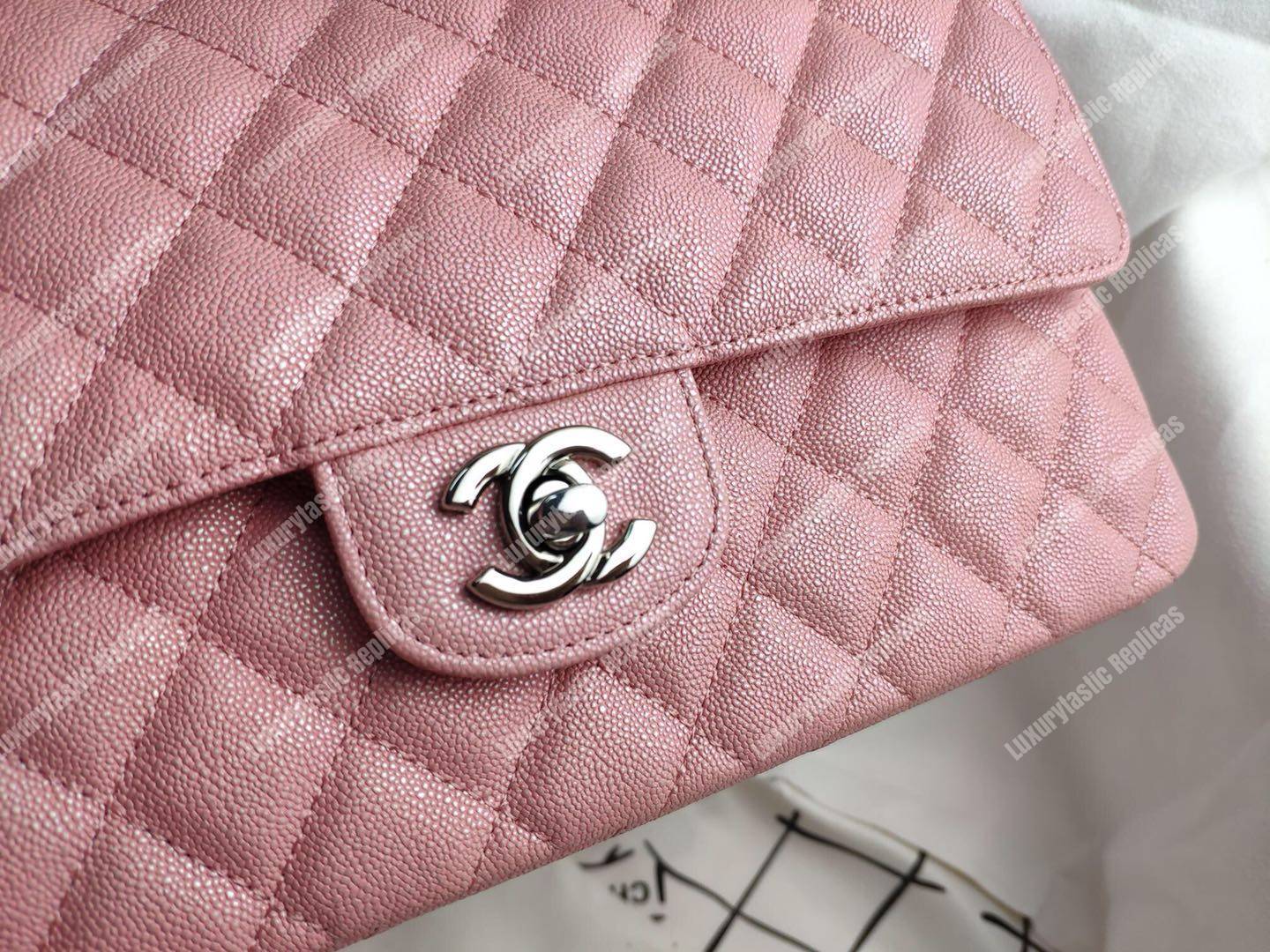 Ch*el caviar quilted medium double flap bag pink silver-tone