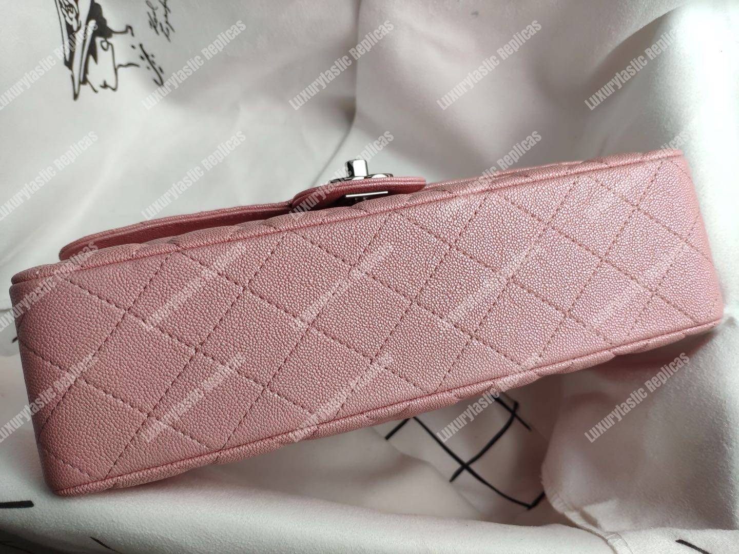 Ch*el caviar quilted medium double flap bag pink silver-tone