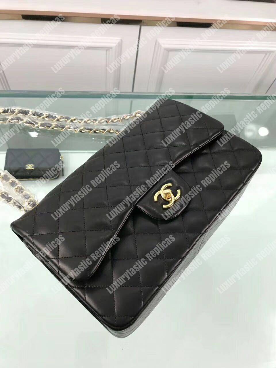 Ch*el classic jumbo double flap bag black gold hardware