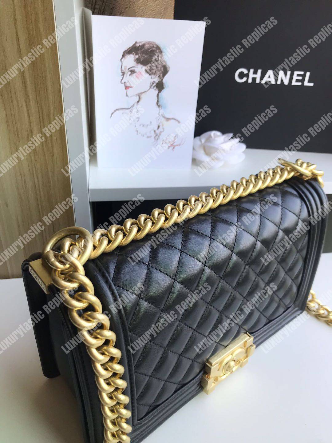 Ch*el boy medium handbag lambskin black