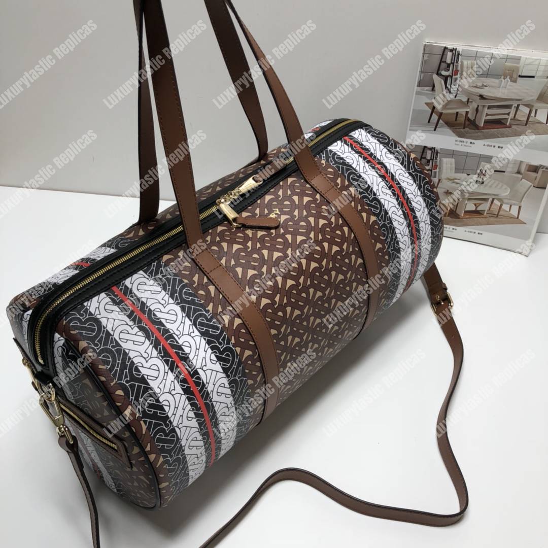 B**rry medium monogram stripe e-canvas barrel bag bridle brown