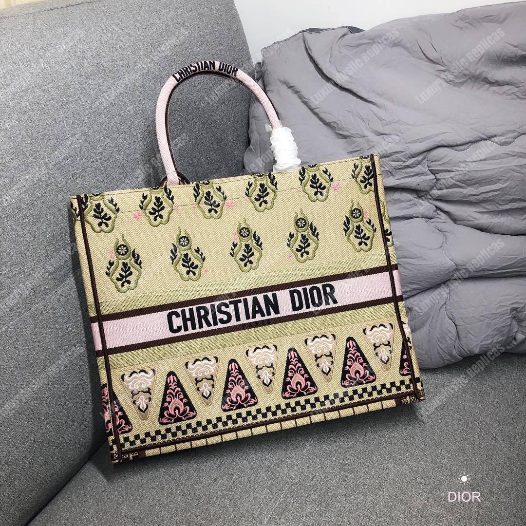 D*or book tote bag embroidered canvas geometric motif green