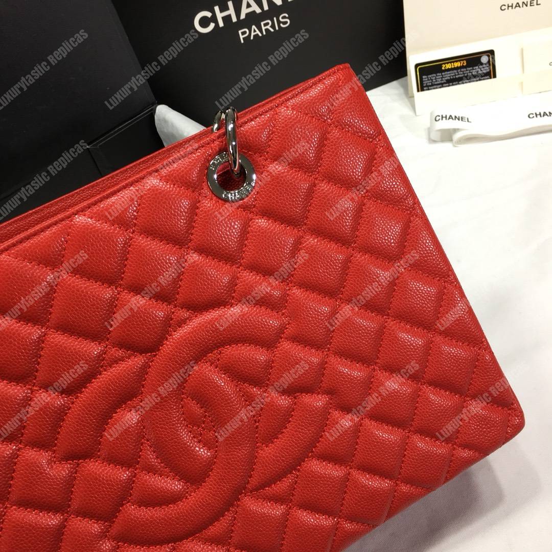Ch*el large shopping tote silver tone red