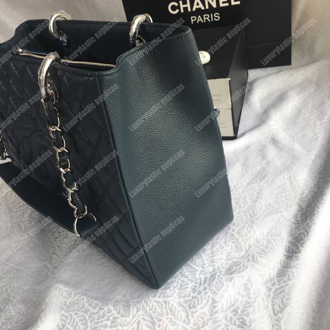 Ch*el large shopping tote silver tone dark green