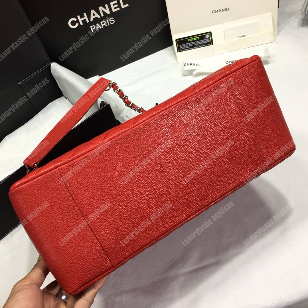Ch*el large shopping tote silver tone red