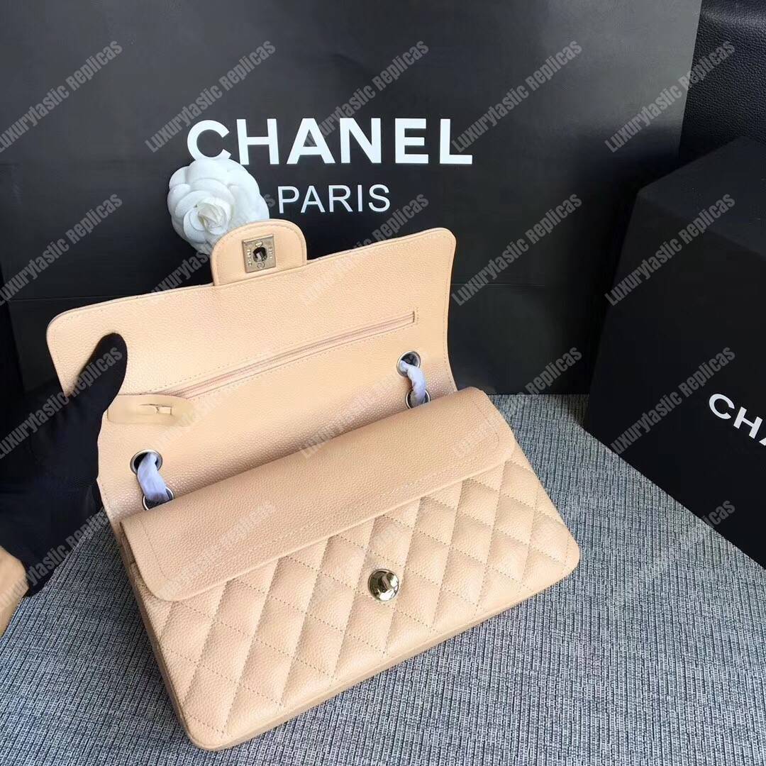 Ch*el medium classic handbag beige silver-tone metal