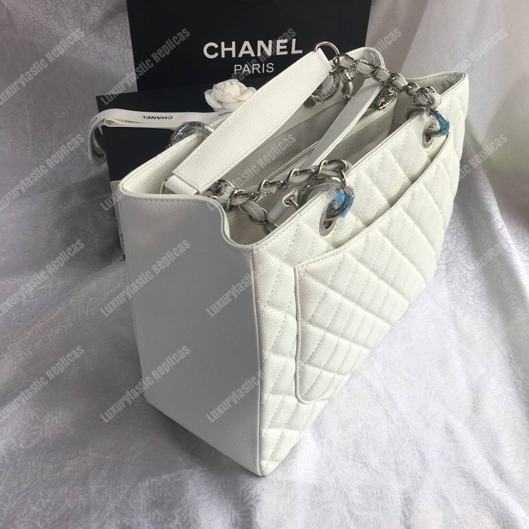 Ch*el large shopping tote silver tone white