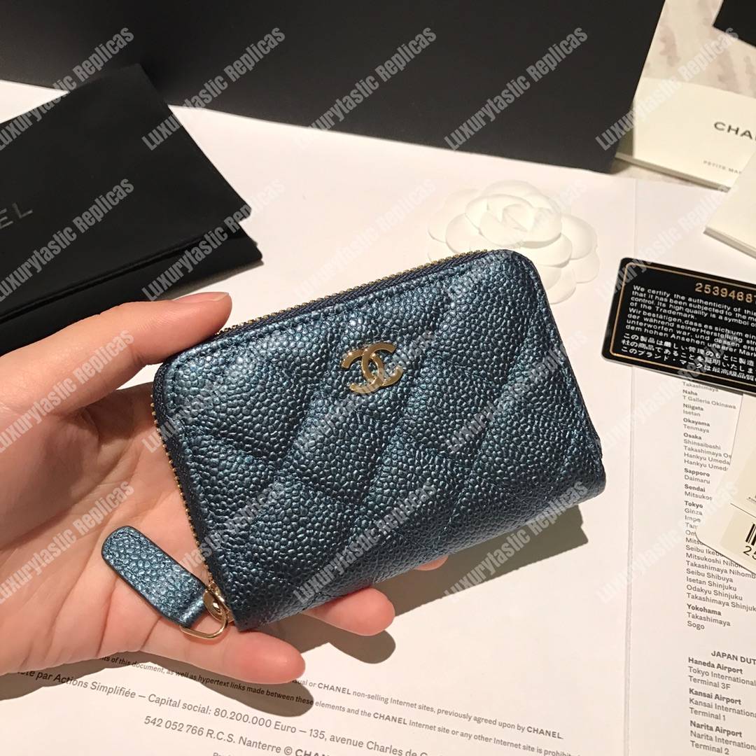 Ch*el classic zipped coin purse iridescent turquoise