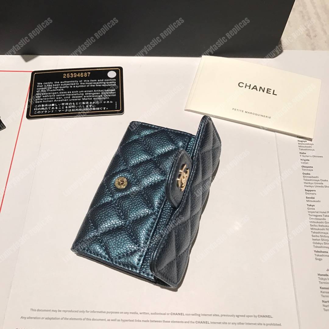 Ch*el classic card holder grained calfskin iridescent turquoise