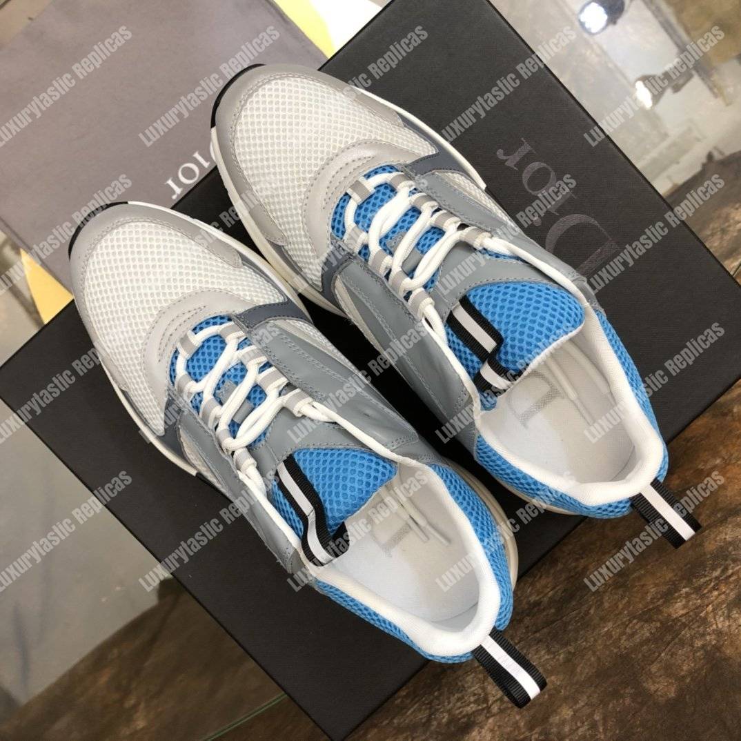 D*or b22 sneaker in white and blue technical mesh and gray calfskin