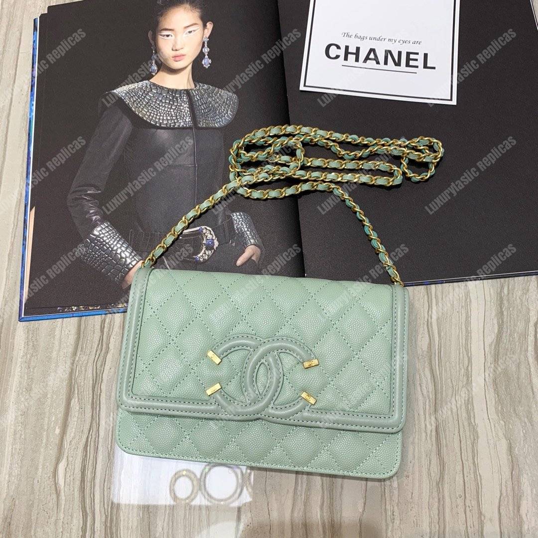 Ch*el wallet on chain – woc cc filigree seafoam green grained calfskin