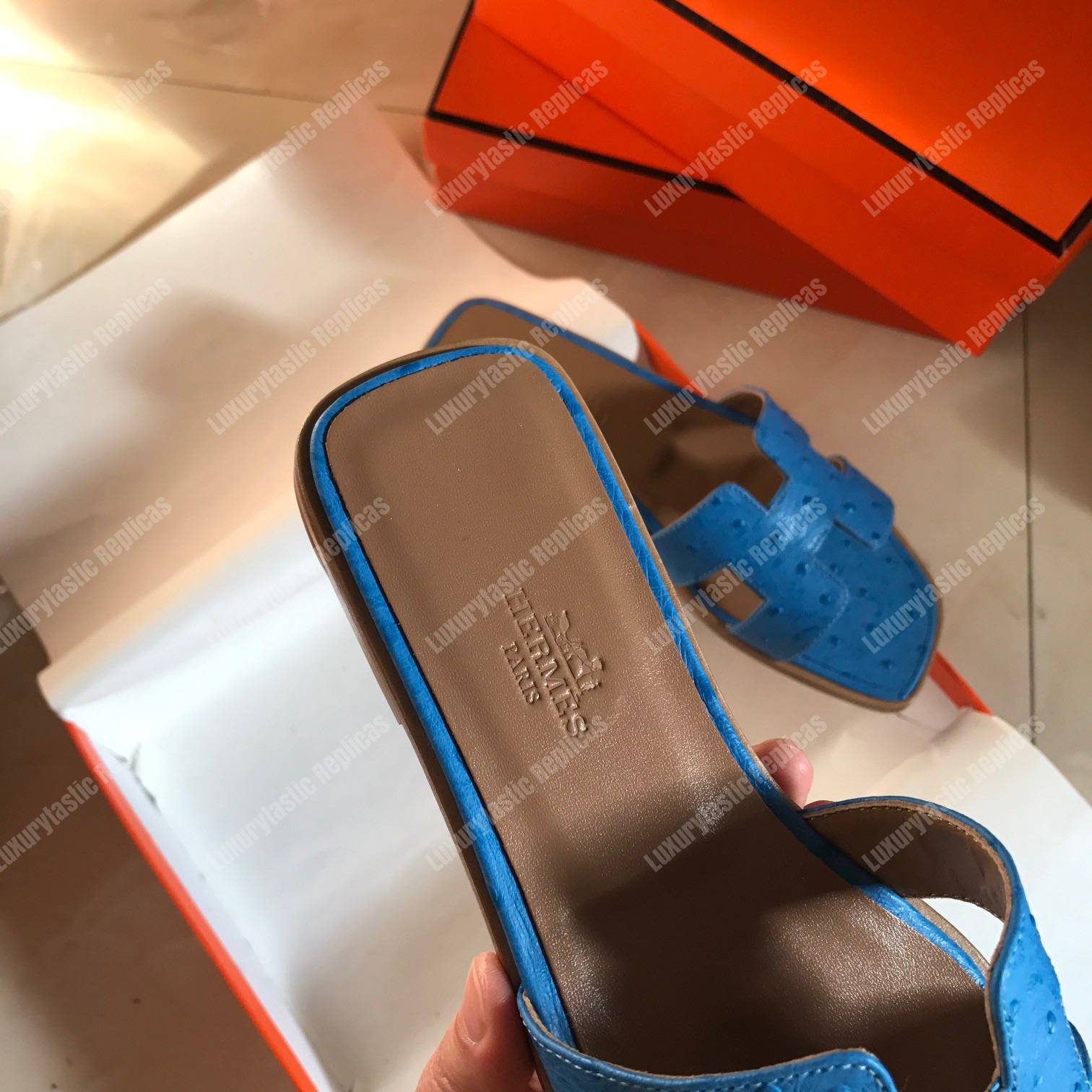 H**mes oran sandal ostrich leather blue