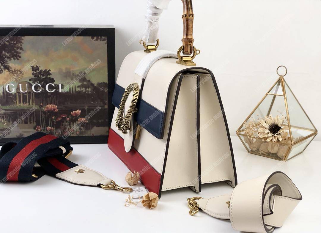 G*u*i dionysus medium smooth leather bamboo top handle bag white/blue/red