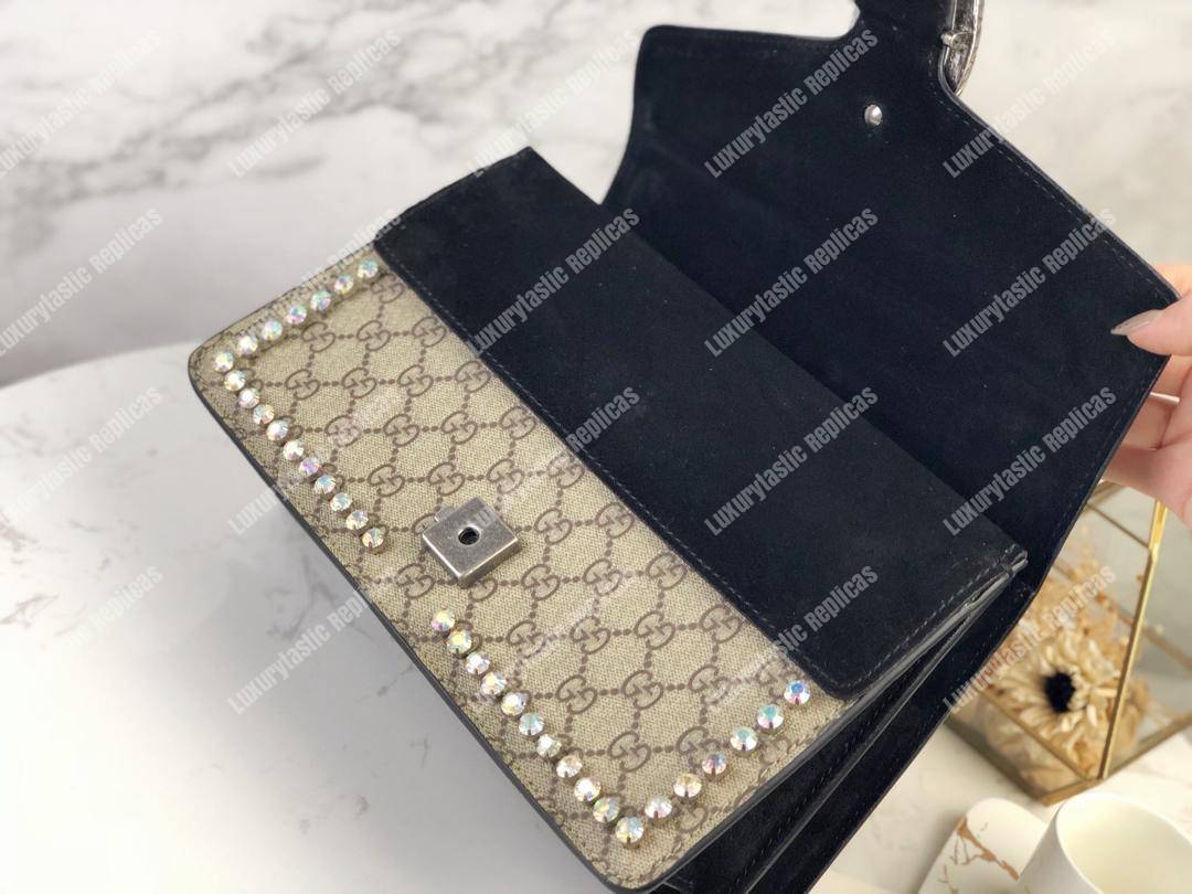 G*u*i beige black gg sup*e coated canvas crystal small dionysus shoulder bag