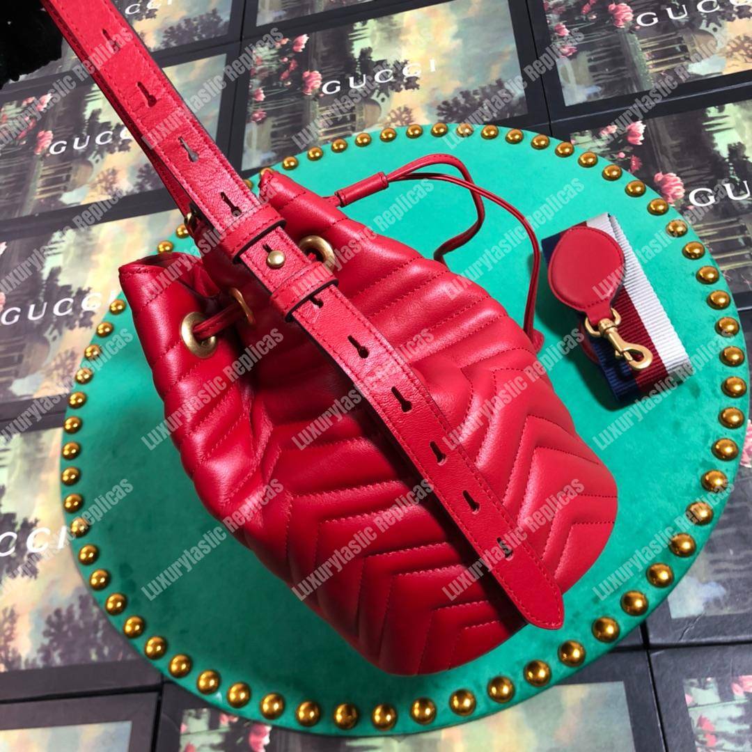 G*u*i gg marmont chevron leather bucket bag hibiscus red