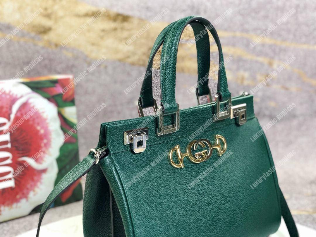 G*u*i zumi grainy leather small top handle bag dark green