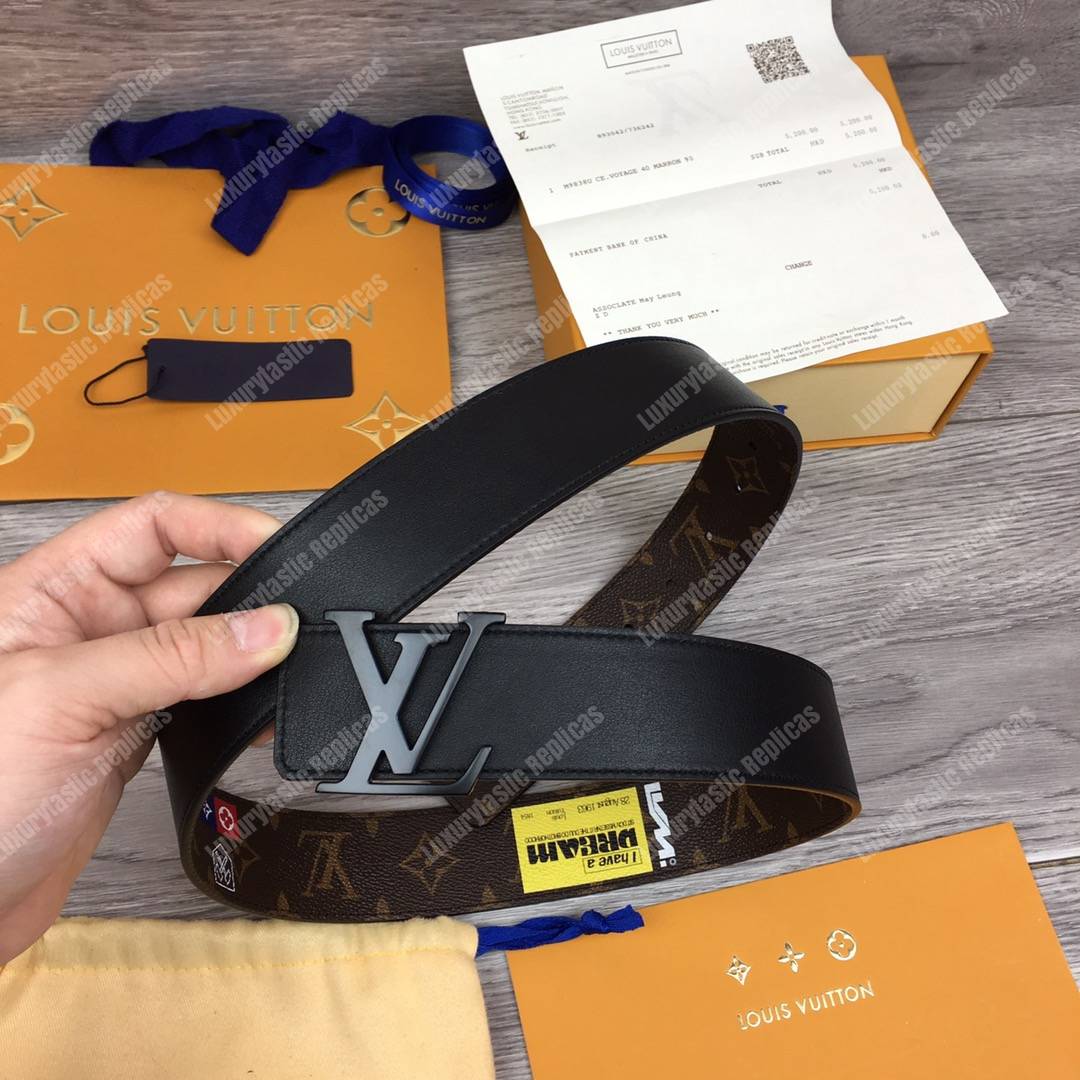 LV Brown Initiales With Printed Stickers 40MM Reversible Leather Belt Black Hardware