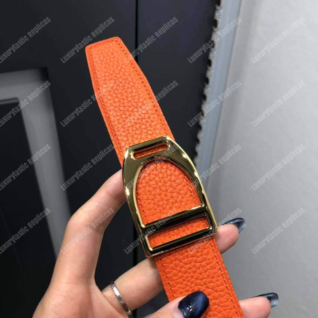 H**mes etrier buckle & reversible leather strap 32 mm noir / orange