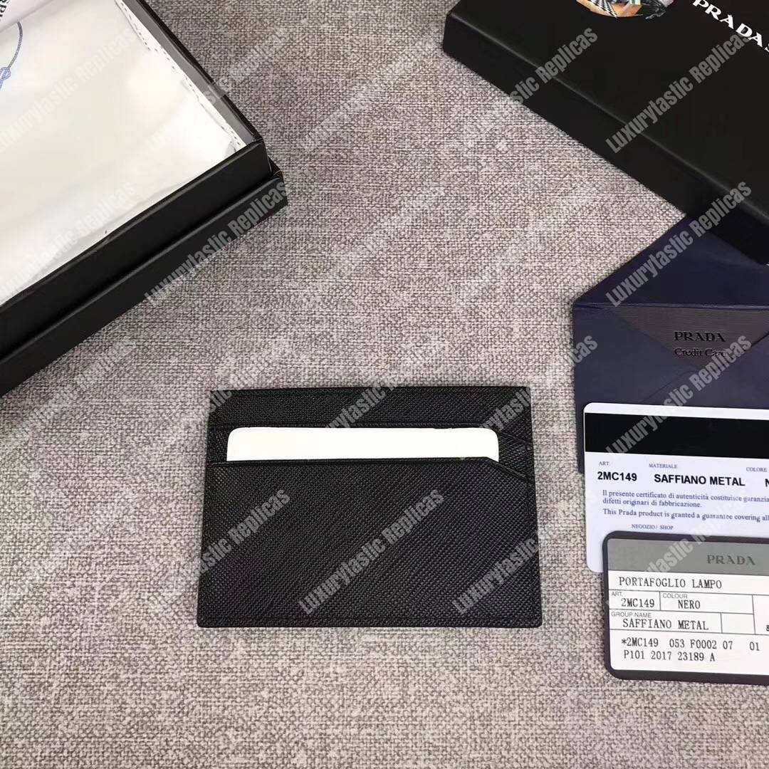 Pra*a saffiano leather card holder metal logo black