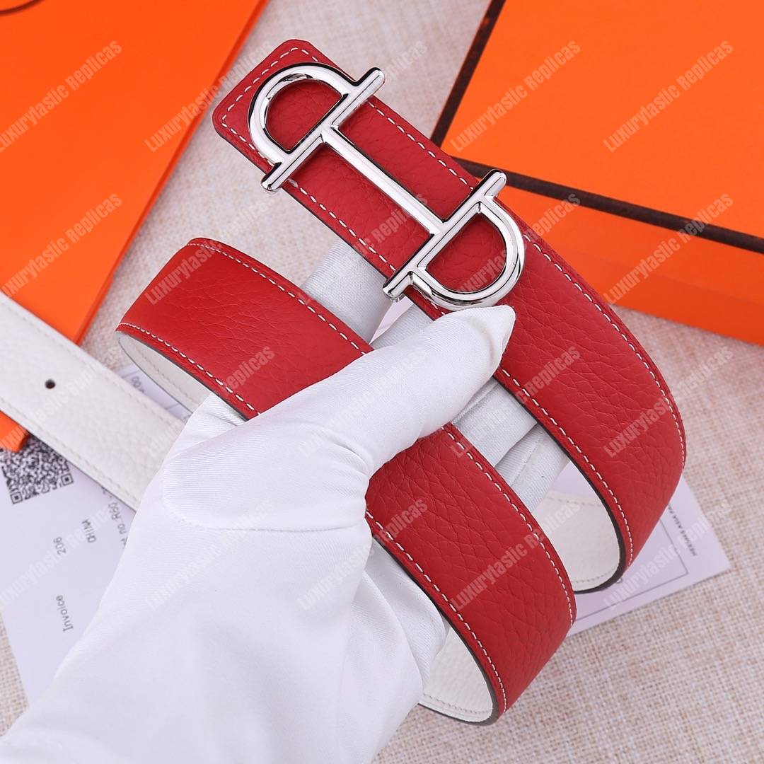 H**mes gamma belt buckle sellier reversible leather strap red / white replica