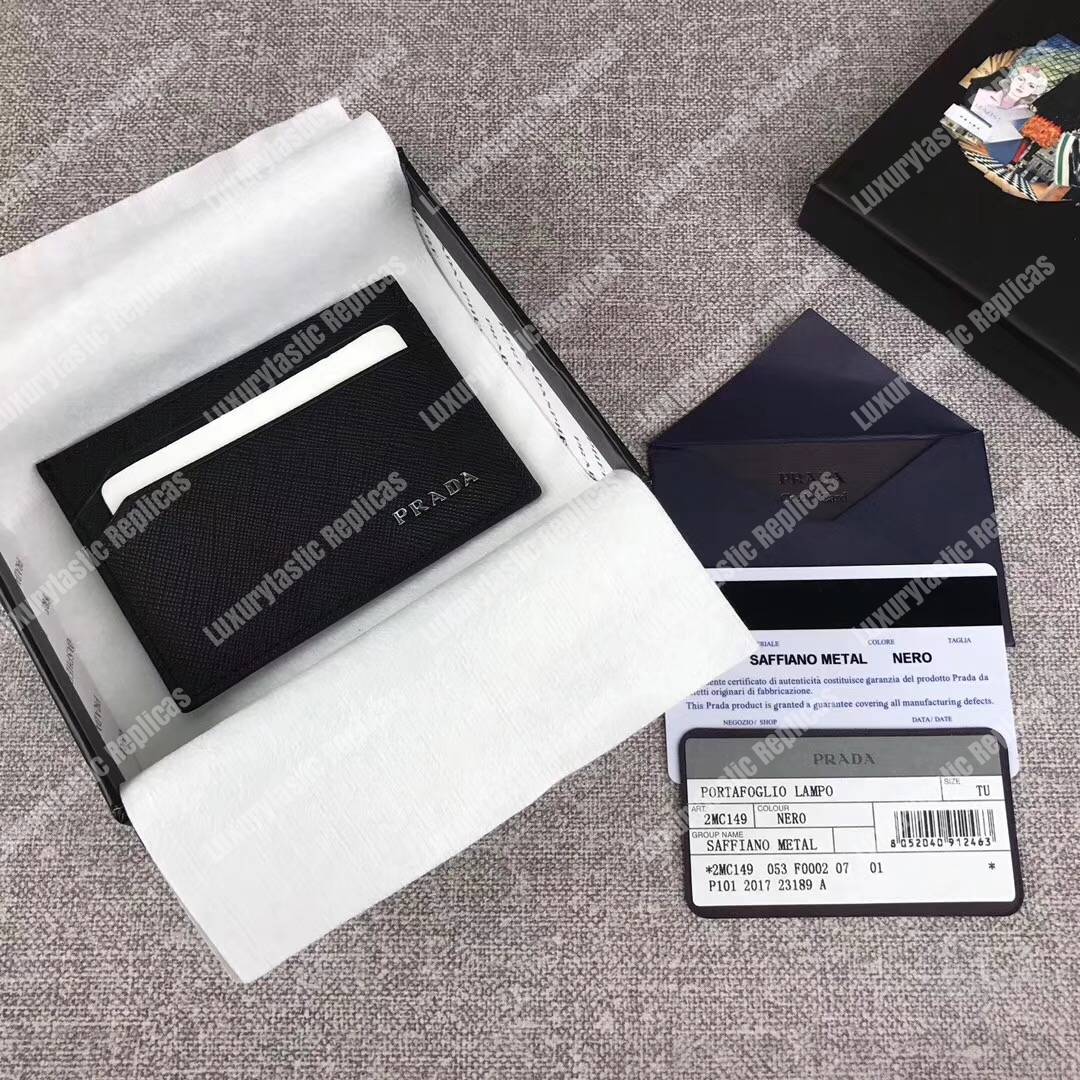 Pra*a saffiano leather card holder metal logo black