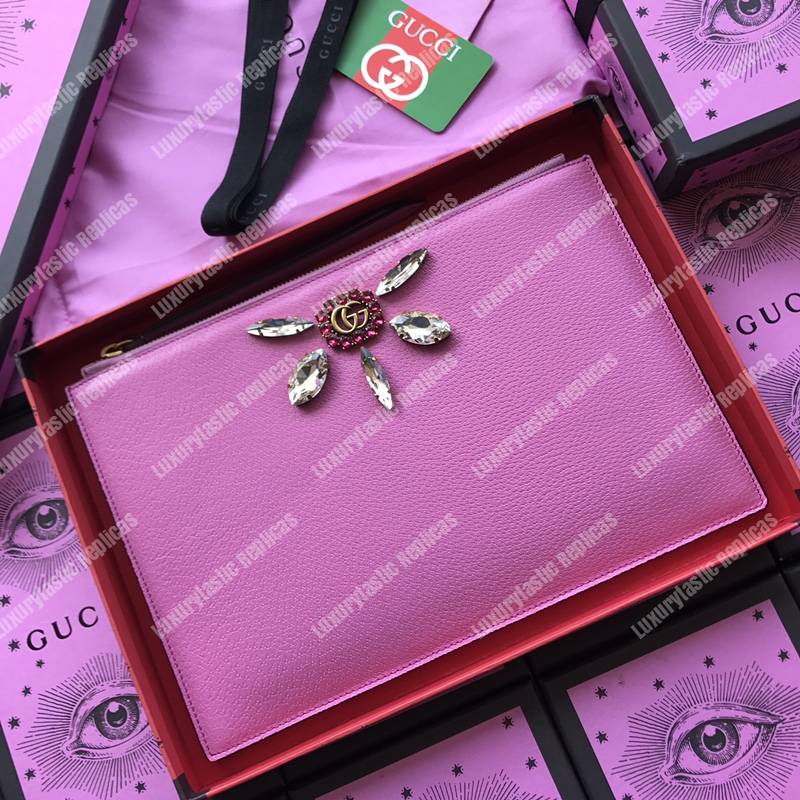 G*u*i leather pouch with double g and crystals pink