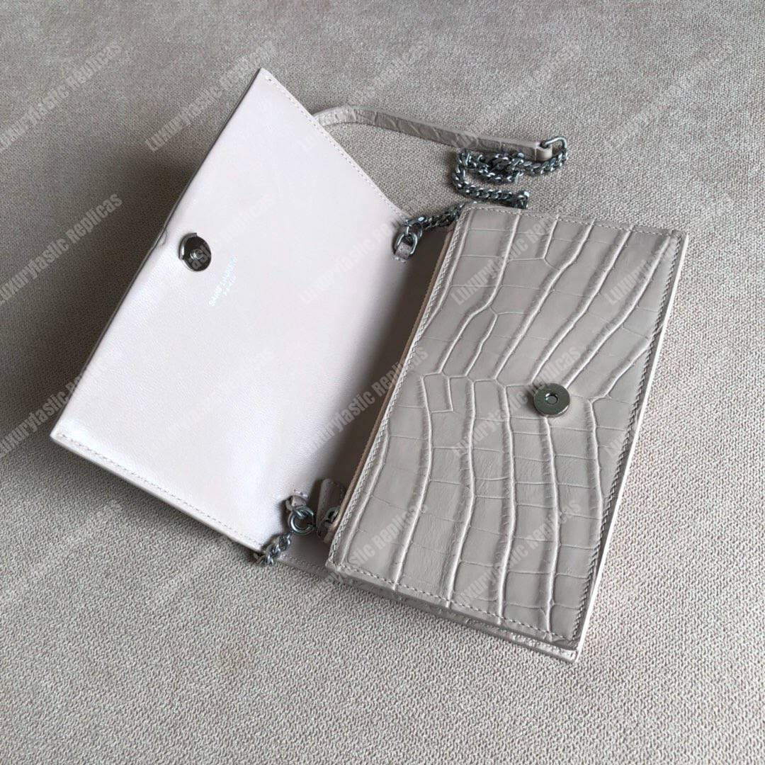 Saint Laurent Kate Chain Wallet With Tassel Ivory Crocodile