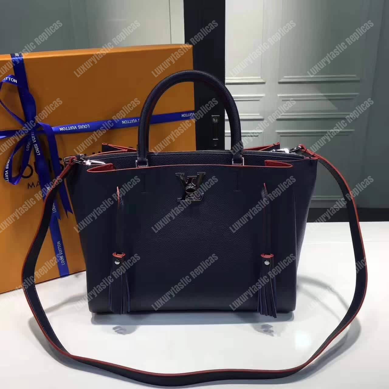 LV Lockmeto Handbag Luxury Leather Marine Rouge