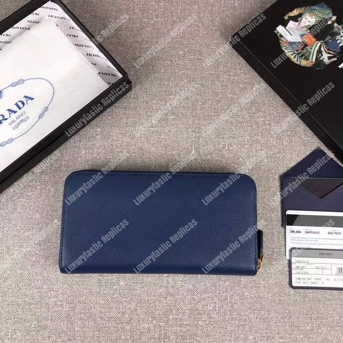 Pra*a large saffiano leather wallet blue gold hardware