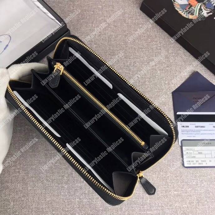 Pra*a large saffiano leather wallet black gold hardware