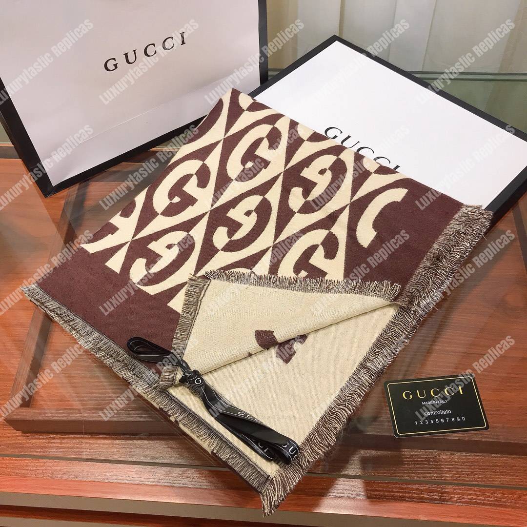 G*u*i g rhombus lamé wool jacquard stole brown white