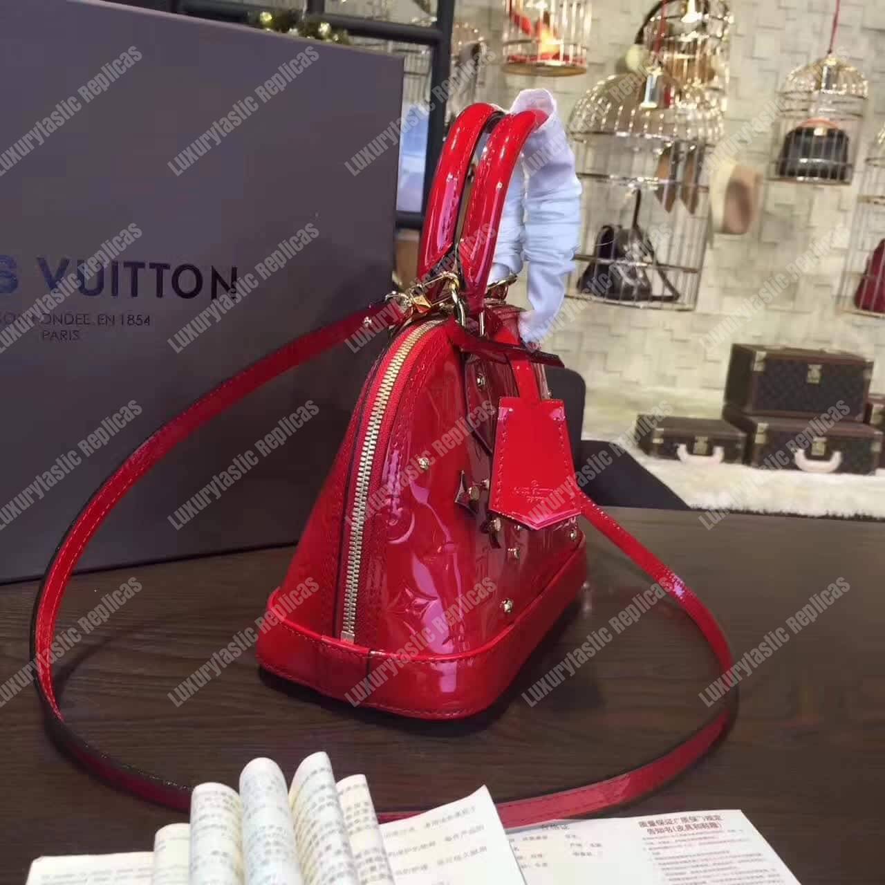 LV Alma BB Tote Bag Monogram Vernis Red