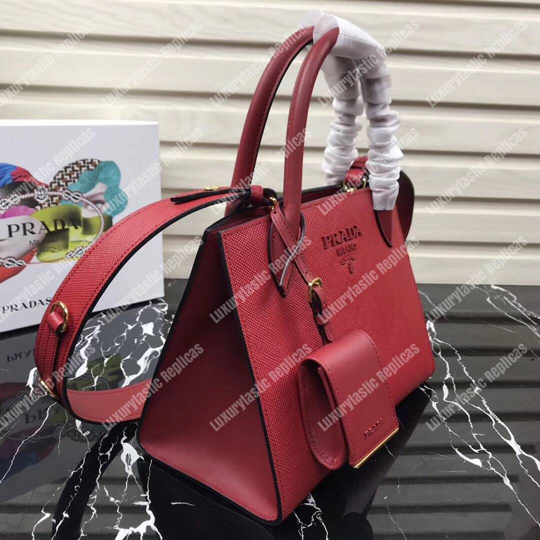 pra*a monoCh*0me saffiano leather bag red