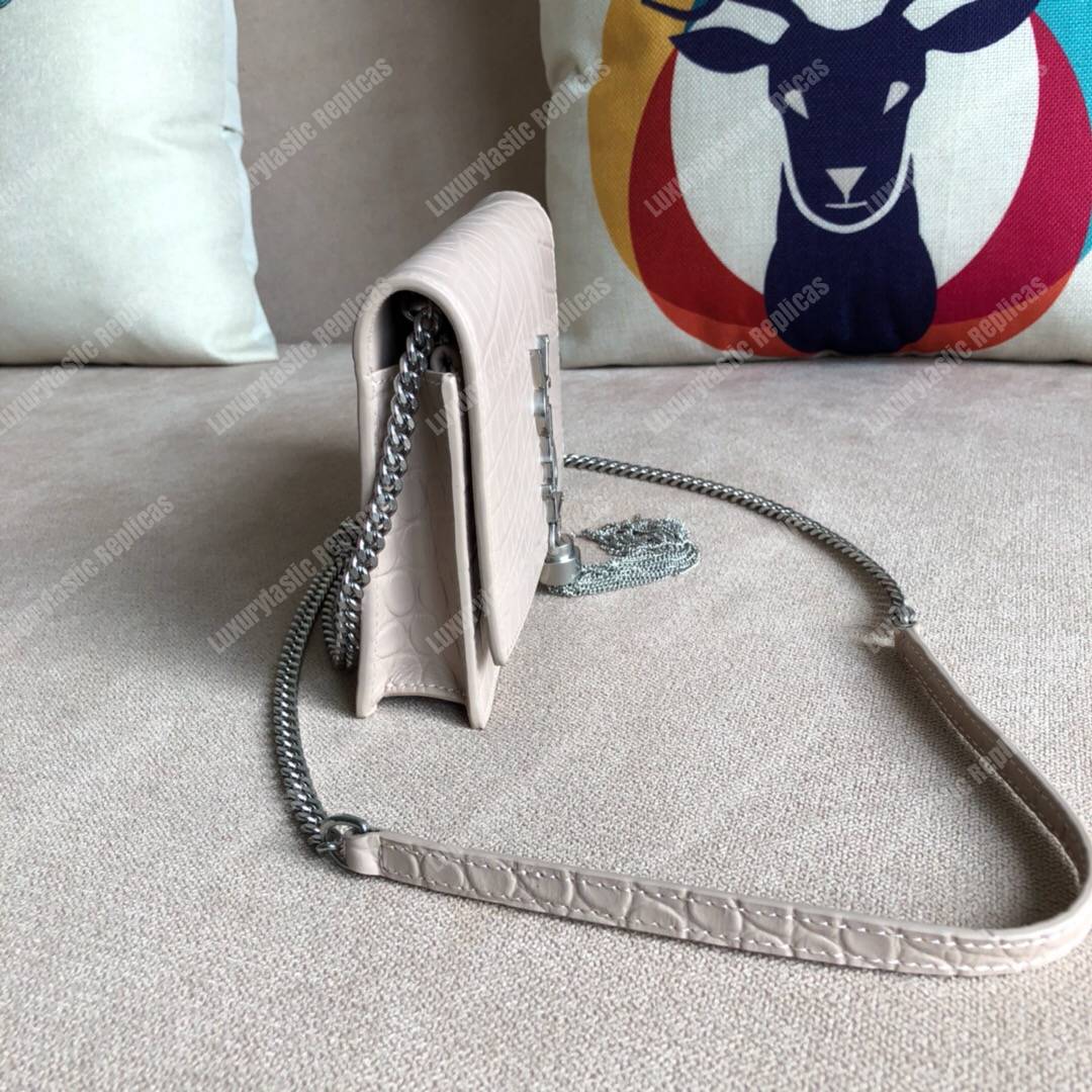 Saint Laurent Kate Chain Wallet With Tassel Ivory Crocodile