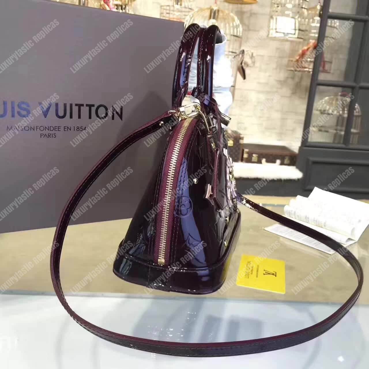 LV Alma BB Tote Bag Monogram Vernis Amarante
