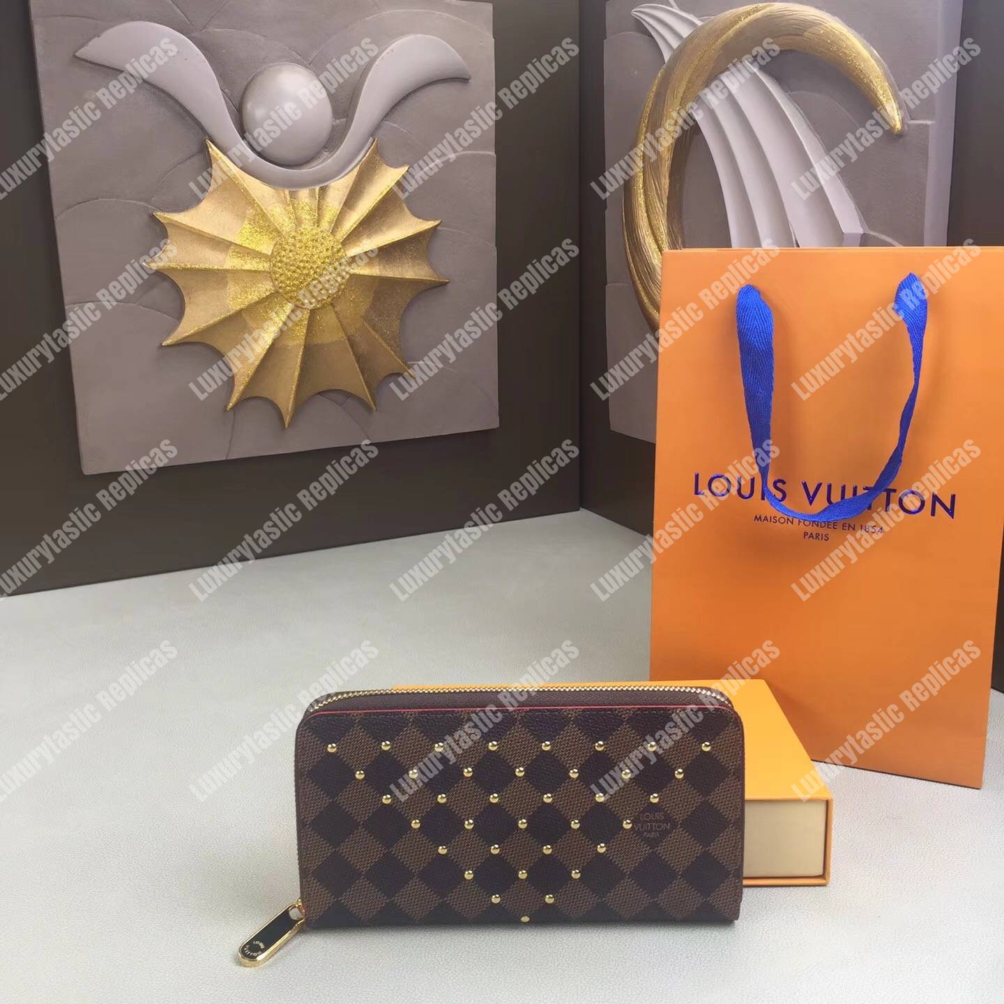 LV Zippy Wallet Damier Ebene Gold Studs
