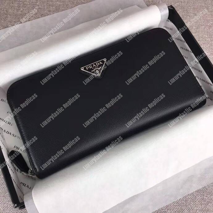 Pra*a large saffiano leather wallet black silver hardware