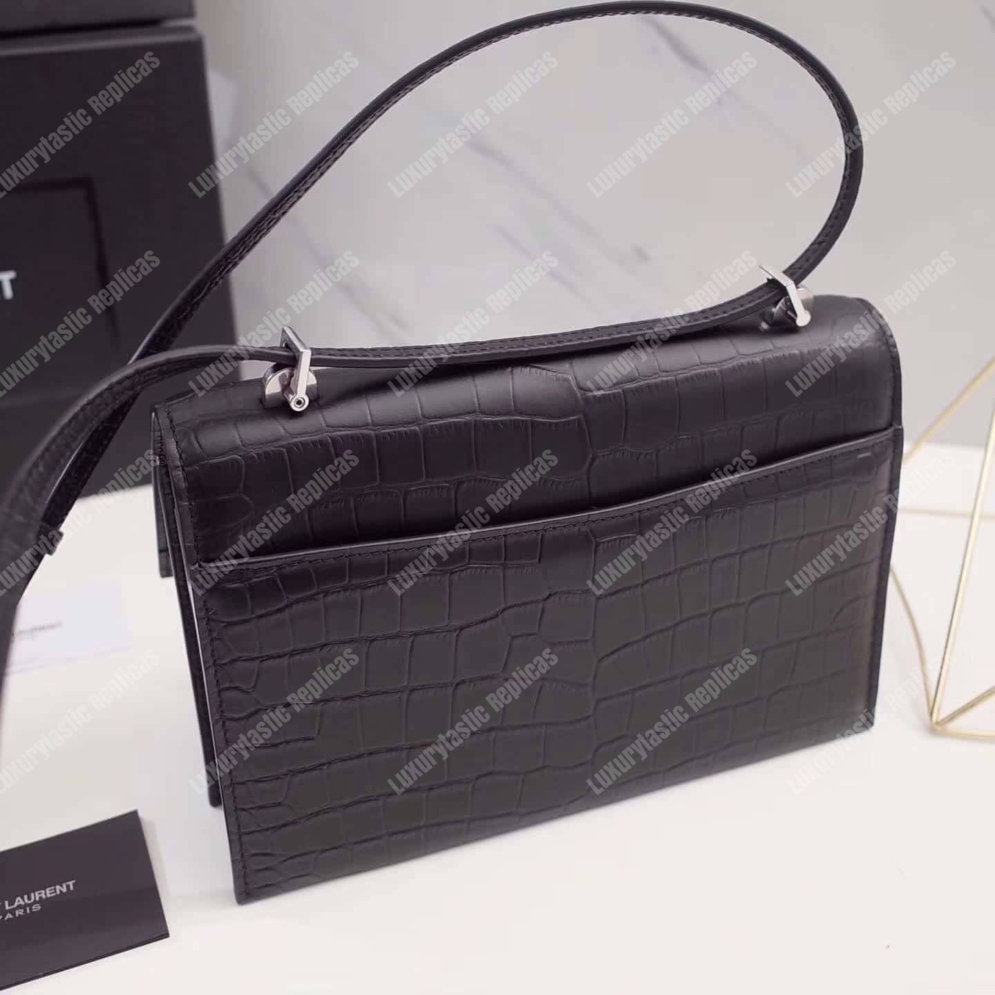 Saint Laurent Small Babylone Satchel Black Crocodile Embossed Leather