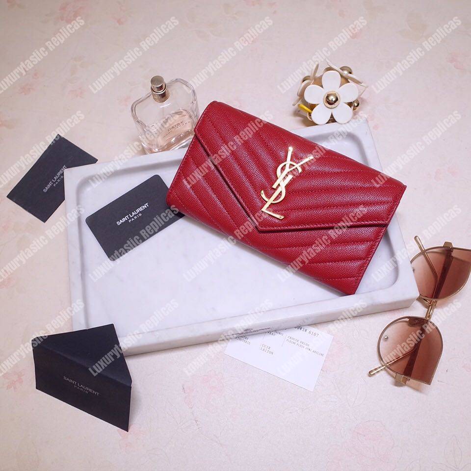 Saint Laurent Monogram Large Flap Wallet In Grain De Poudre Embossed Leather Eros Red