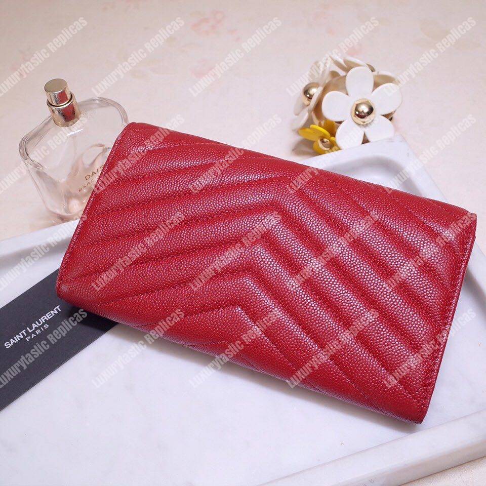 Saint Laurent Monogram Large Flap Wallet In Grain De Poudre Embossed Leather Eros Red