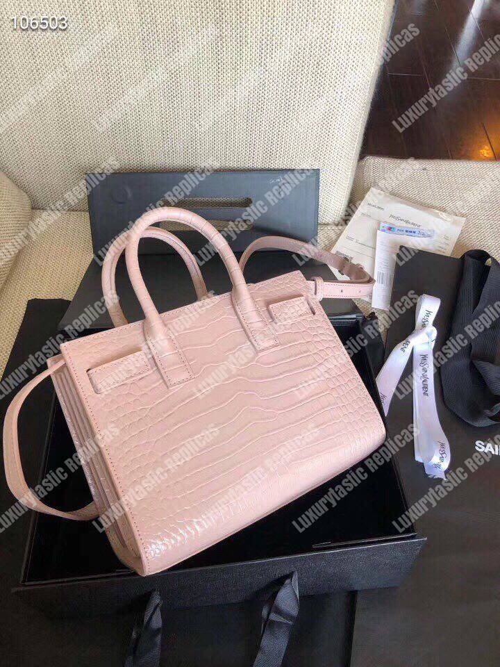 Saint Laurent Classic Sac De Jour Baby In Embossed Crocodile Shiny Leather Pink