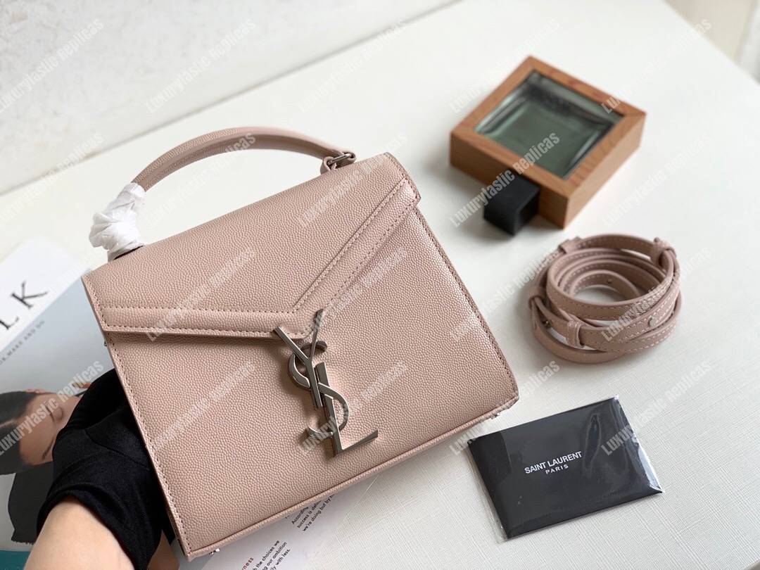 Saint Laurent Cassandra Mini Top Handle Bag In Grain De Poudre Embossed Leather Marble Pink