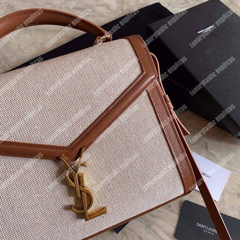 Saint Laurent Cassandra Medium Top Handle Bag In Canvas And Smooth Leather Natural Beige