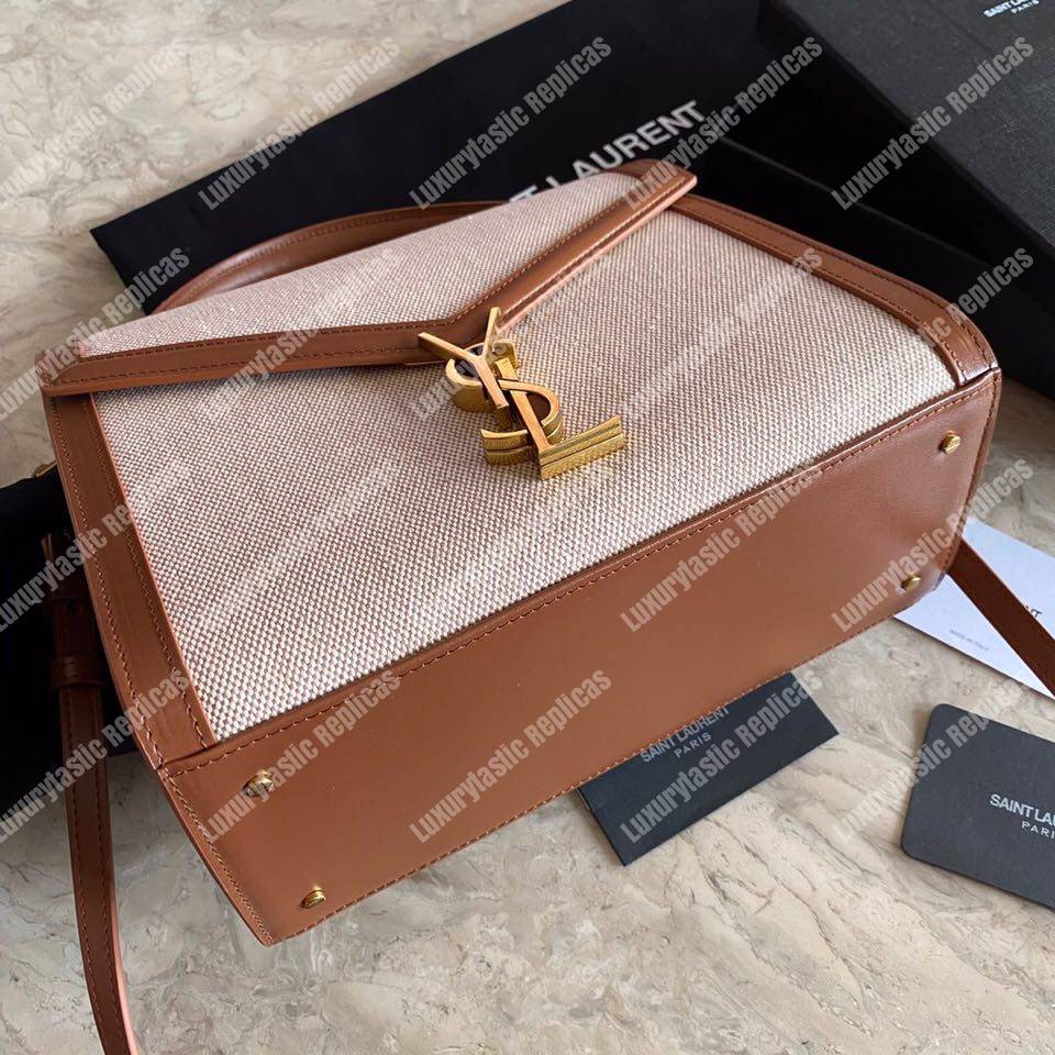 Saint Laurent Cassandra Medium Top Handle Bag In Canvas And Smooth Leather Natural Beige