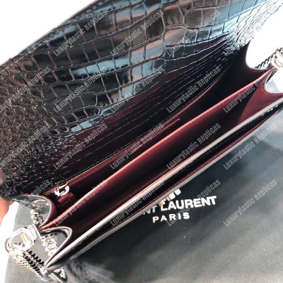 Saint Laurent Cassandra Monogram Clasp Bag In Crocodile Embossed Shiny Leather Black